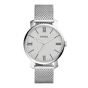 Silver Fossil watch with a minimalist design, featuring a white dial, Roman numerals, and a stainless steel mesh strap.